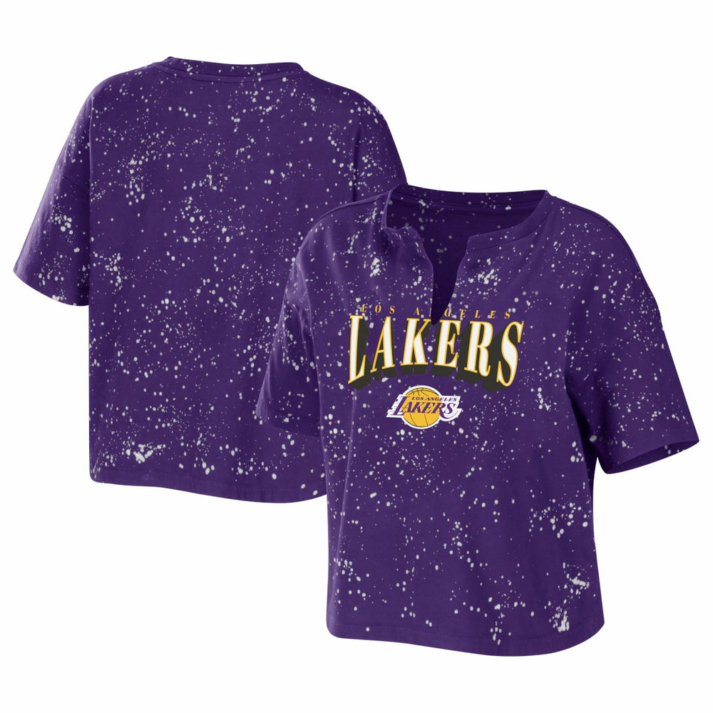 Los Angeles Lakers WEAR by Erin Andrews Women's Bleach Splatter Notch Neck T-Shirt New