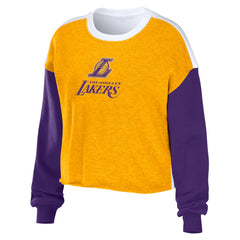 Los Angeles Lakers WEAR by Erin Andrews Women's Mixed Letter Cropped Pullover Sweatshirt On Sale