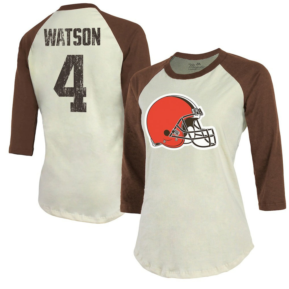 Cleveland Browns Deshaun Watson Majestic Threads Women's Player Name & Number Tri-Blend Three-Quarter Sleeve T-Shirt