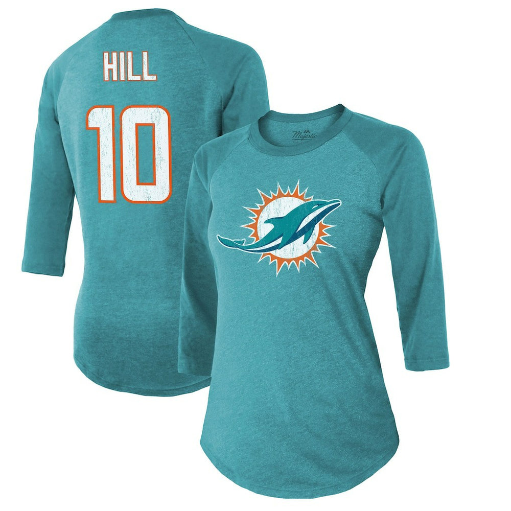 Miami Dolphins Tyreek Hill Majestic Threads Women's Name & Number Raglan 3/4 Sleeve T-Shirt