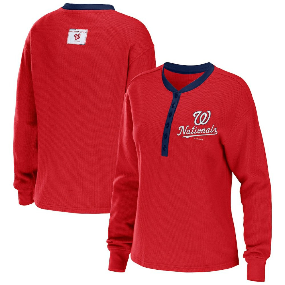 Washington Nationals WEAR by Erin Andrews Women's Waffle Henley Long Sleeve T-Shirt | MLB New
