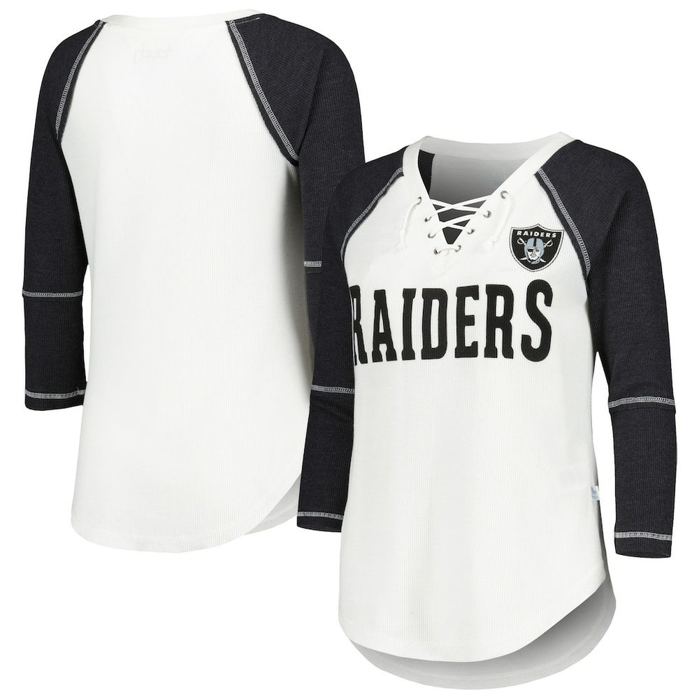 Las Vegas Raiders Touch Women's Rebel Raglan Tri-Blend 3/4-Sleeve Lace-Up V-Neck T-Shirt