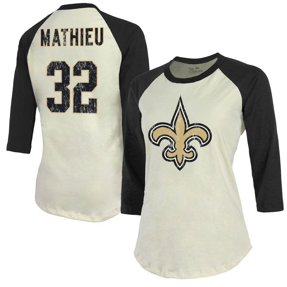 New Orleans Saints Tyrann Mathieu Majestic Threads Women's Player Name & Number Tri-Blend Three-Quarter Sleeve T-Shirt