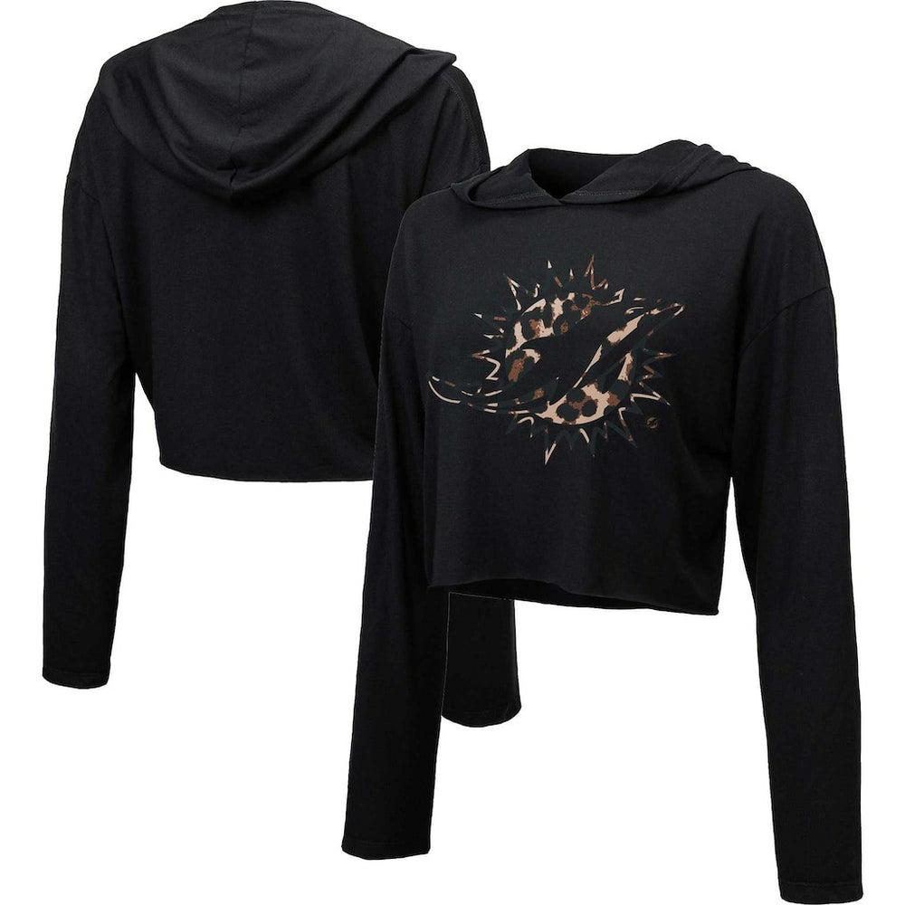 Miami Dolphins Majestic Threads Women's Leopard Cropped Pullover Hoodie