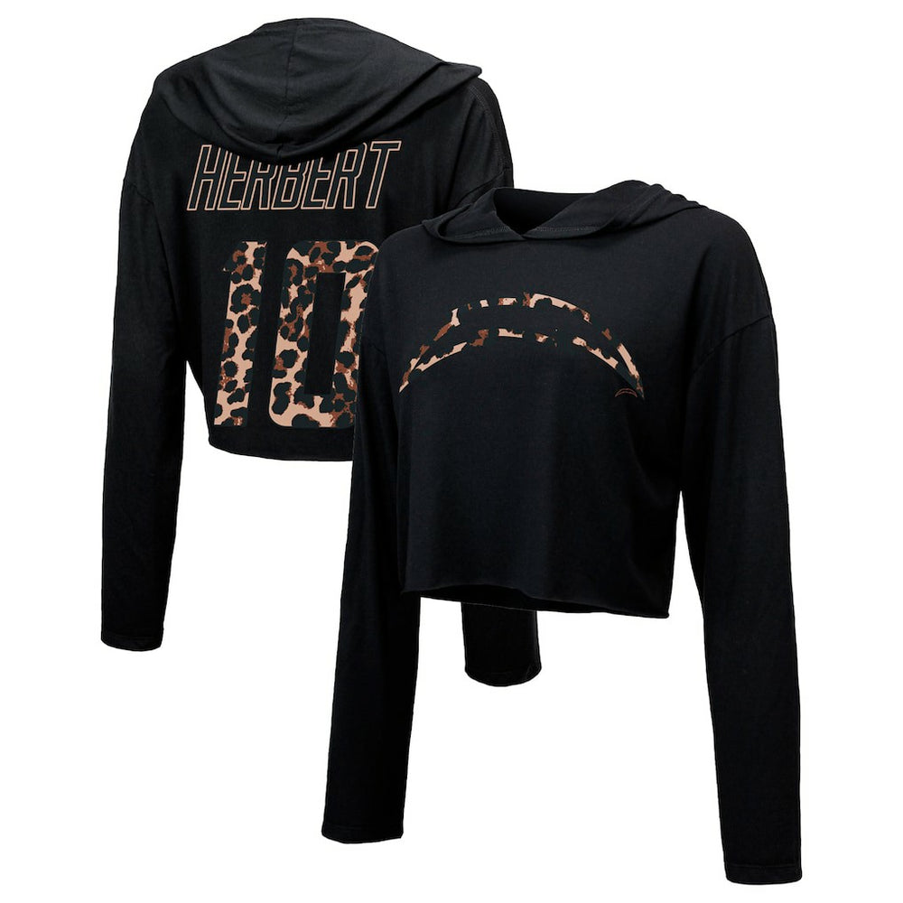 Los Angeles Chargers Justin Herbert Majestic Threads Women's Leopard Player Name & Number Long Sleeve Cropped Hoodie