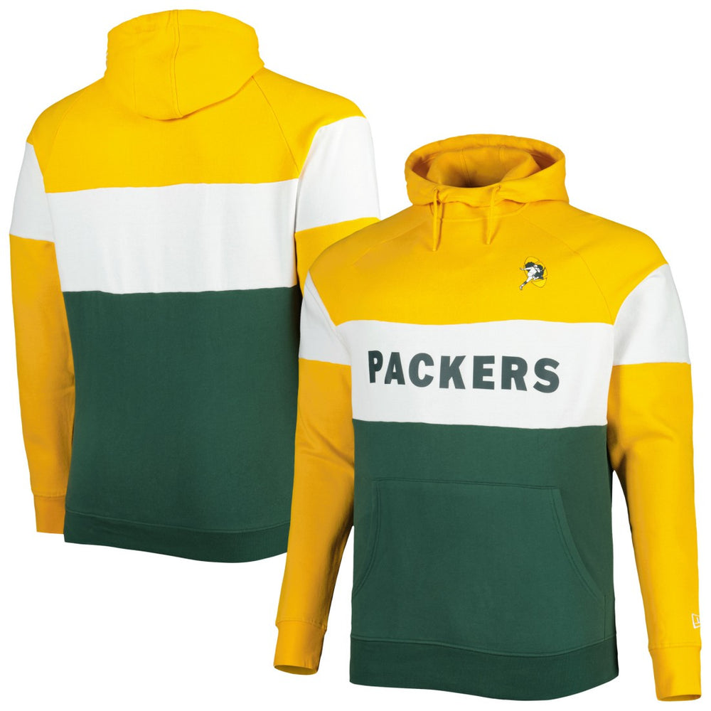 Green Bay Packers New Era Big & Tall Throwback Colorblock Fleece Raglan Pullover Hoodie
