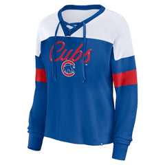Chicago Cubs Fanatics Women's Even Match Lace-Up Long Sleeve V-Neck T-Shirt | MLB Near me