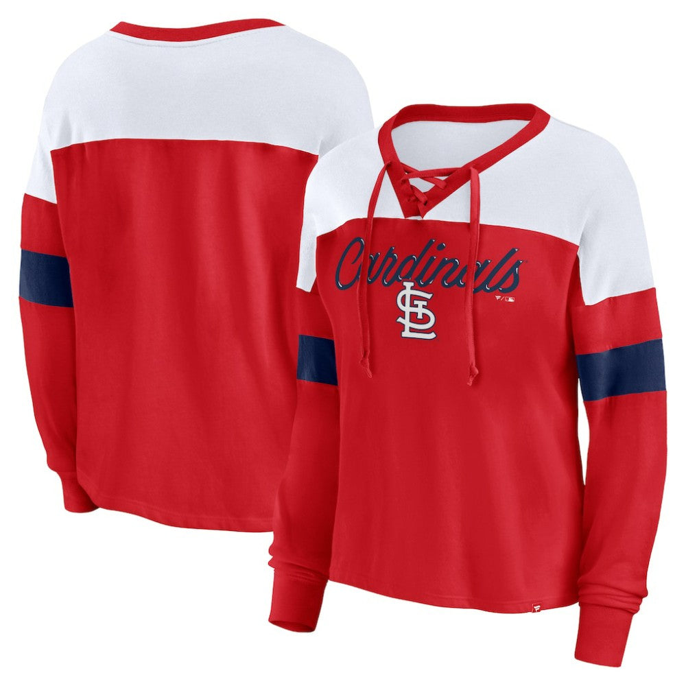 St. Louis Cardinals Fanatics Women's Even Match Lace-Up Long Sleeve V-Neck T-Shirt | MLB On Sale