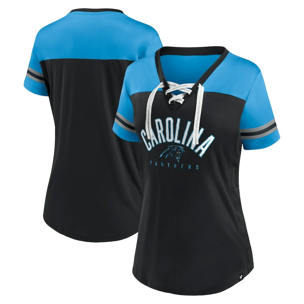 Carolina Panthers Fanatics Women's Blitz & Glam Lace-Up V-Neck Jersey T-Shirt