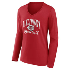 Cincinnati Reds Women's Victory Script Long Sleeve V-Neck T-Shirt | MLB Outlet