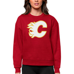 Calgary Flames Antigua Women's Team Logo Victory Crewneck Pullover Sweatshirt On Sale