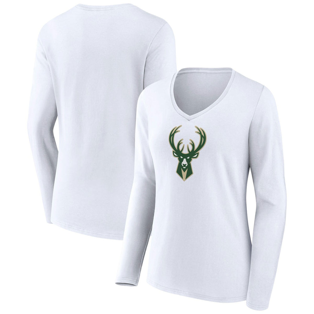Milwaukee Bucks Women's Logo Long Sleeve V-Neck T-Shirt New