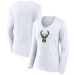 Milwaukee Bucks Women's Logo Long Sleeve V-Neck T-Shirt New