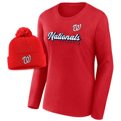 Washington Nationals Fanatics Women's Run The Bases Long Sleeve T-Shirt & Cuffed Knit Hat with Pom Combo Set | MLB On Sale