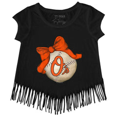 Baltimore Orioles Tiny Turnip Girls Youth Baseball Bow Fringe T-Shirt | MLB US
