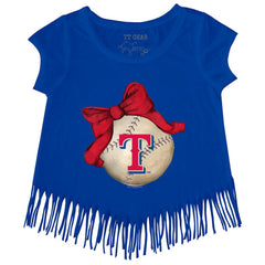 Texas Rangers Tiny Turnip Girls Youth Baseball Bow Fringe T-Shirt | MLB Sale