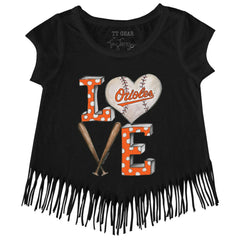 Baltimore Orioles Tiny Turnip Girls Youth Baseball Love Fringe T-Shirt | MLB Discount