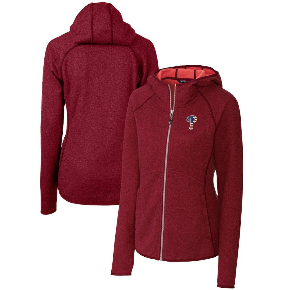 Philadelphia Phillies Cutter & Buck Women's Americana Logo Mainsail Sweater-Knit Full-Zip Hoodie | MLB On Sale