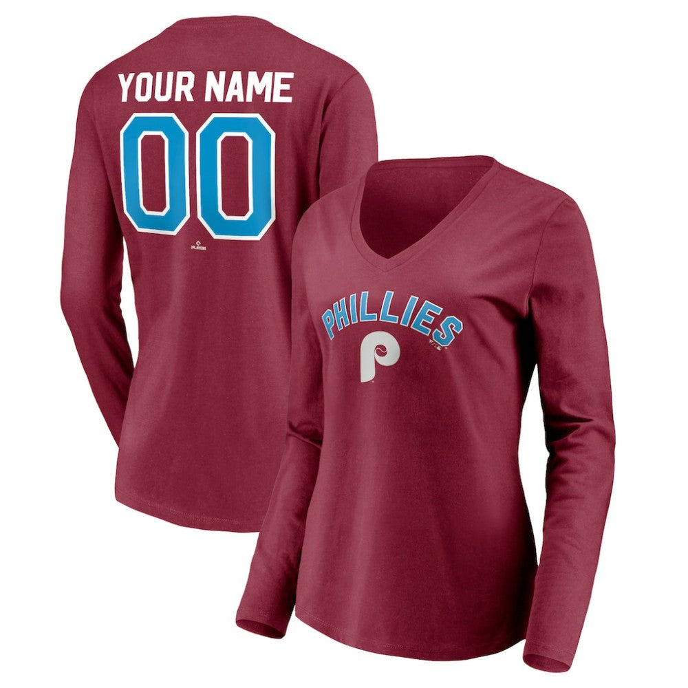 Philadelphia Phillies Women's Personalized Cooperstown Collection Alternate Winning Streak Long Sleeve V-Neck T-Shirt | MLB Discount