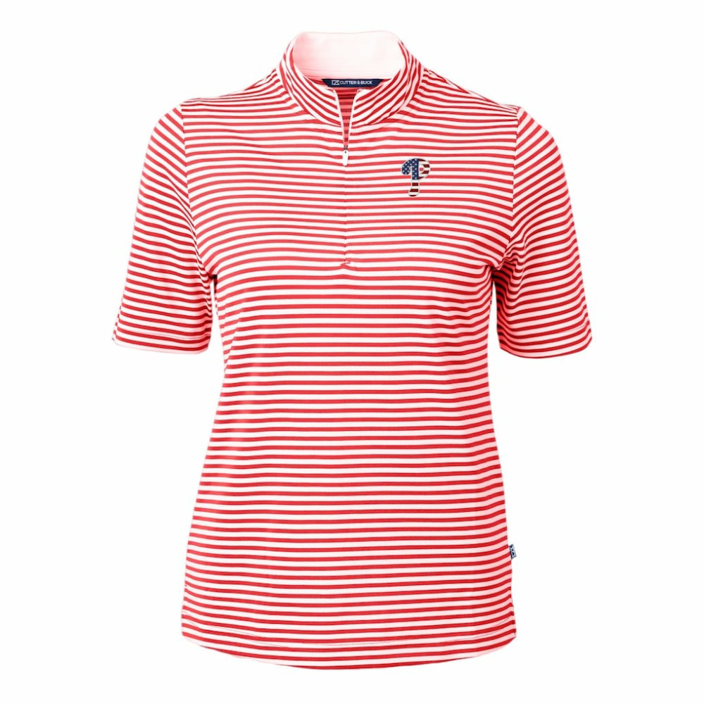 Philadelphia Phillies Cutter & Buck Women's Virtue Eco Pique Stripe Recycled Quarter-Zip Pullover Top | MLB On Sale