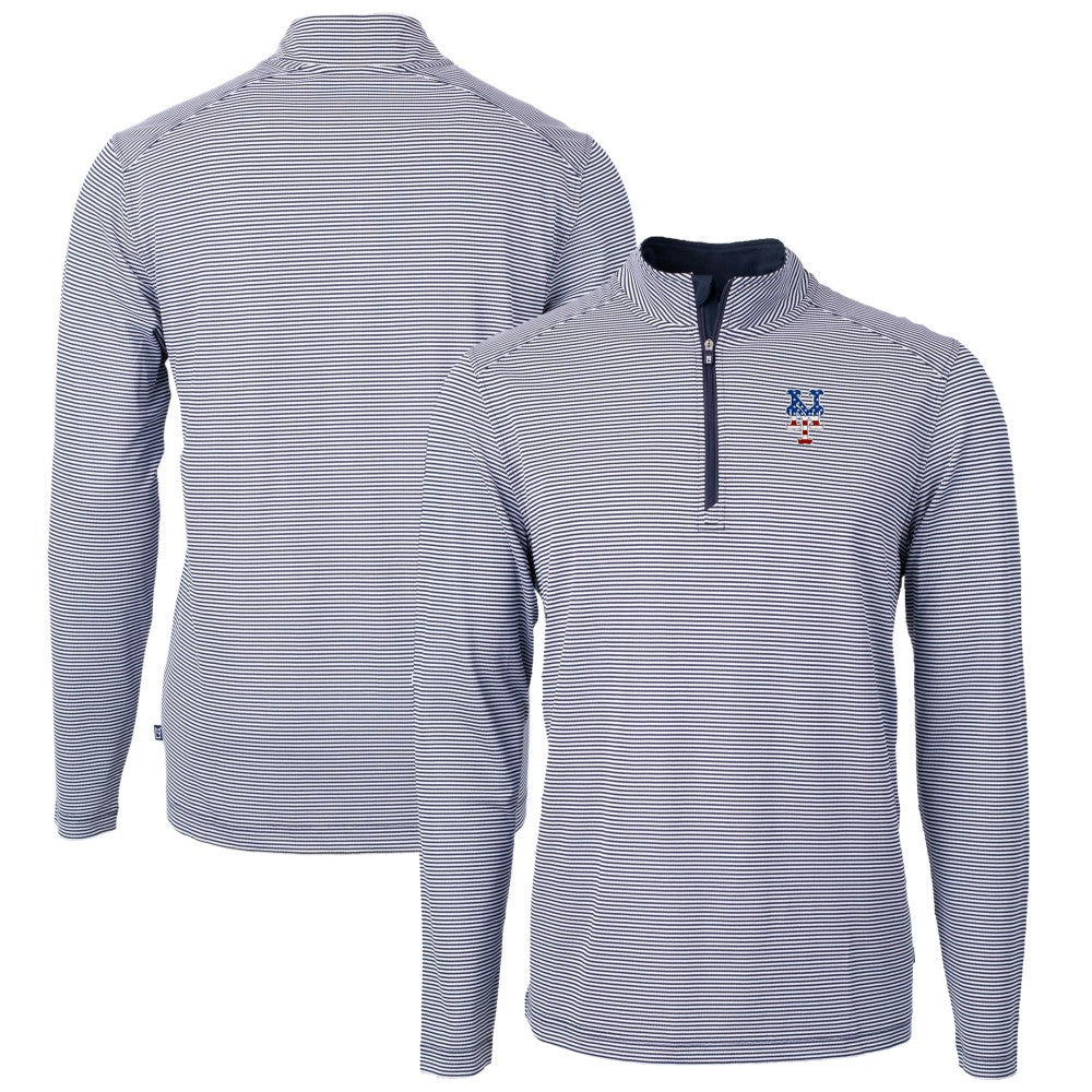 New York Mets Cutter & Buck Americana Logo Virtue Eco Pique Stripe Recycled Quarter-Zip Pullover Top | MLB Discount