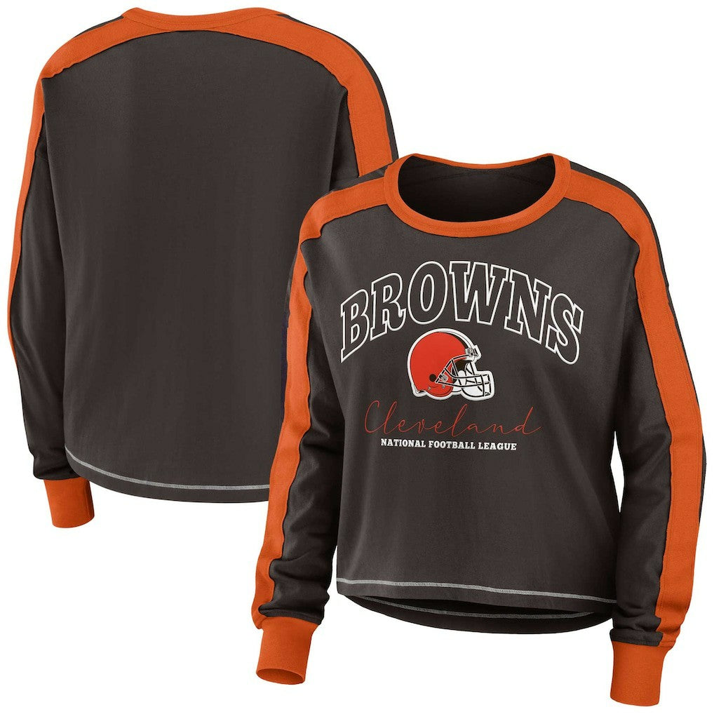Cleveland Browns  WEAR by Erin Andrews Women's Color Block Modest Crop Long Sleeve T-Shirt