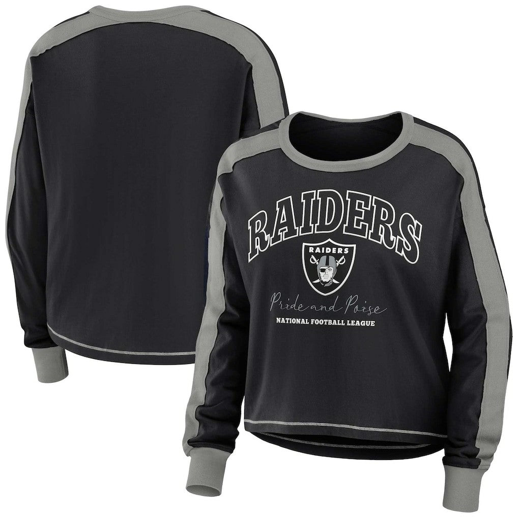 Las Vegas Raiders  WEAR by Erin Andrews Women's Color Block Modest Crop Long Sleeve T-Shirt
