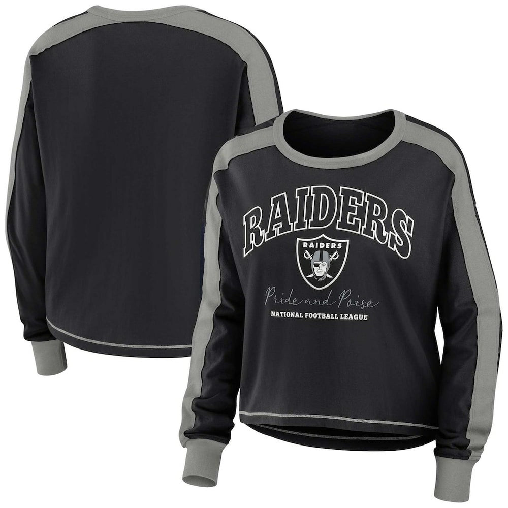 Las Vegas Raiders  WEAR by Erin Andrews Women's Color Block Modest Crop Long Sleeve T-Shirt