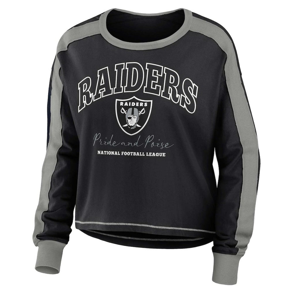Las Vegas Raiders  WEAR by Erin Andrews Women's Color Block Modest Crop Long Sleeve T-Shirt