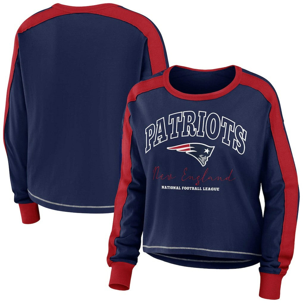 New England Patriots  WEAR by Erin Andrews Women's Color Block Modest Crop Long Sleeve T-Shirt