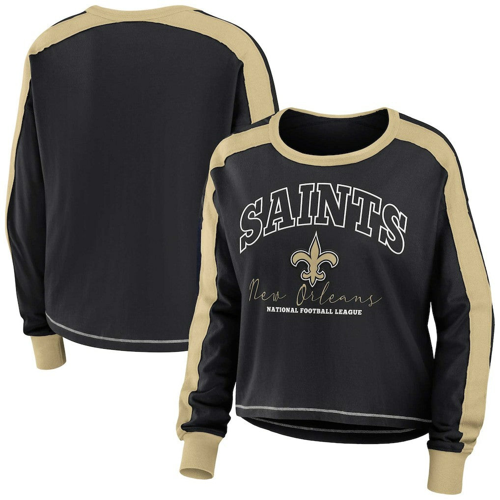 New Orleans Saints  WEAR by Erin Andrews Women's Color Block Modest Crop Long Sleeve T-Shirt