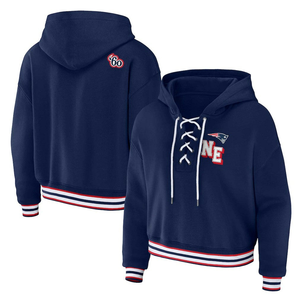 New England Patriots  WEAR by Erin Andrews Women's Plus Size Lace-Up Pullover Hoodie