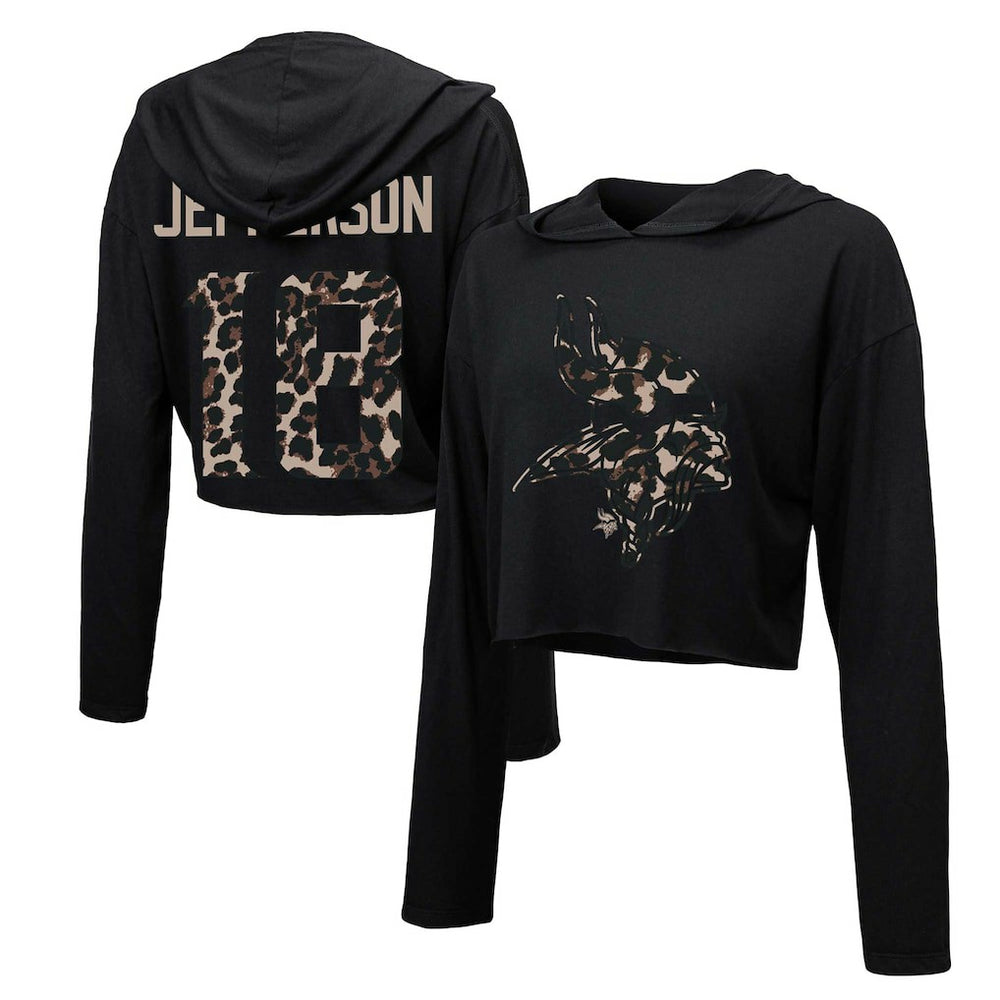 Minnesota Vikings  Justin Jefferson  Majestic Threads Women's Leopard Player Name & Number Long Sleeve Cropped Hoodie