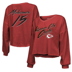 Kansas City Chiefs  Patrick Mahomes  Majestic Threads Women's Name & Number Off-Shoulder Script Cropped Long Sleeve Relaxed V-Neck T-Shirt