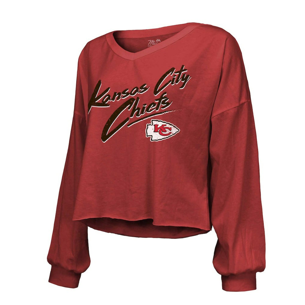 Kansas City Chiefs  Patrick Mahomes  Majestic Threads Women's Name & Number Off-Shoulder Script Cropped Long Sleeve Relaxed V-Neck T-Shirt