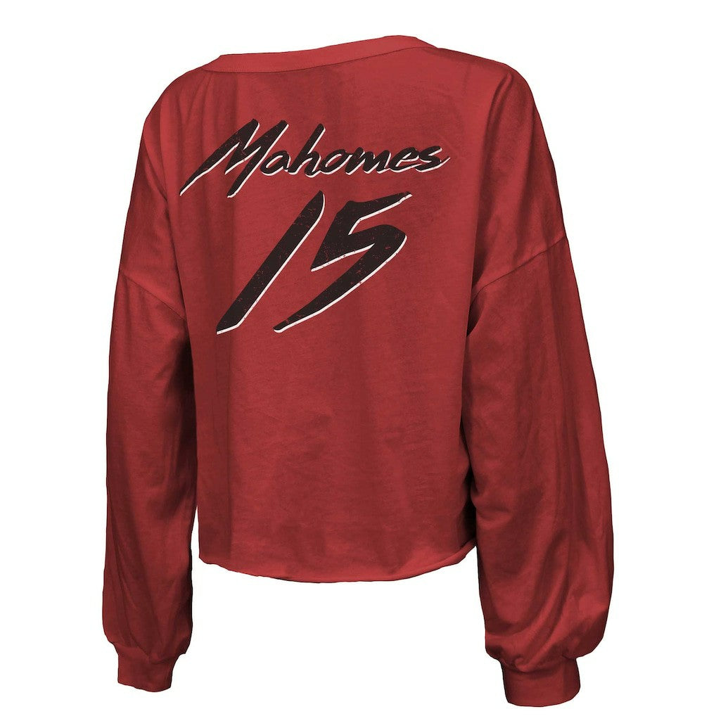 Kansas City Chiefs  Patrick Mahomes  Majestic Threads Women's Name & Number Off-Shoulder Script Cropped Long Sleeve Relaxed V-Neck T-Shirt