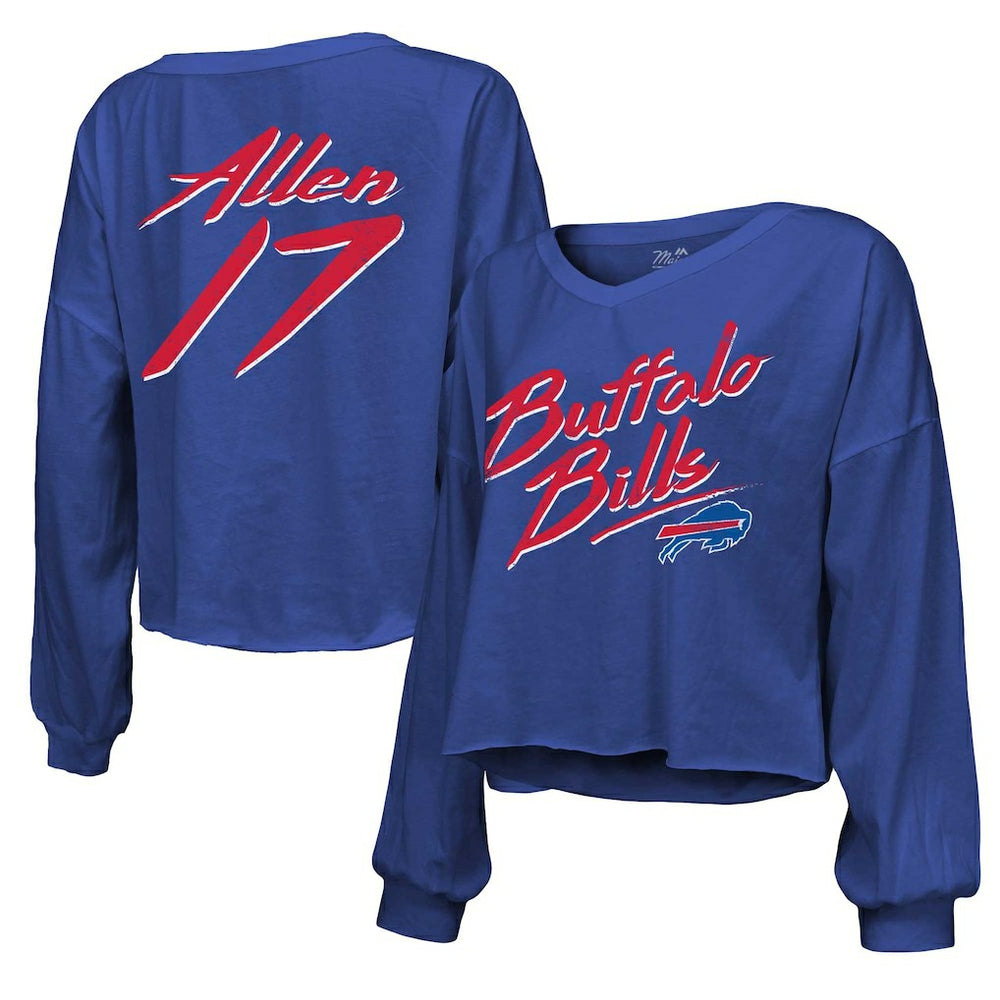 Buffalo Bills  Josh Allen  Majestic Threads Women's Name & Number Off-Shoulder Script Cropped Long Sleeve Relaxed V-Neck T-Shirt