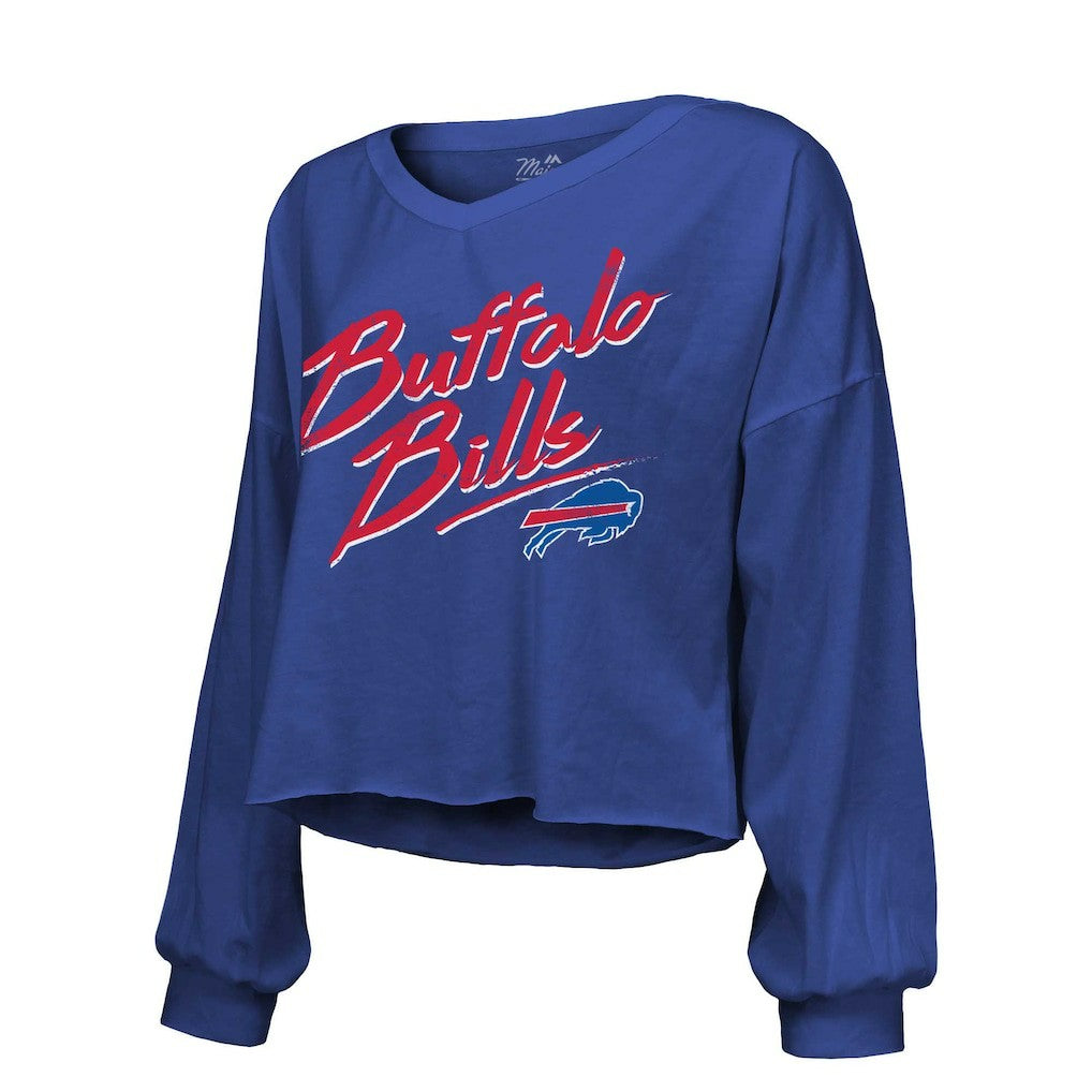 Buffalo Bills  Josh Allen  Majestic Threads Women's Name & Number Off-Shoulder Script Cropped Long Sleeve Relaxed V-Neck T-Shirt
