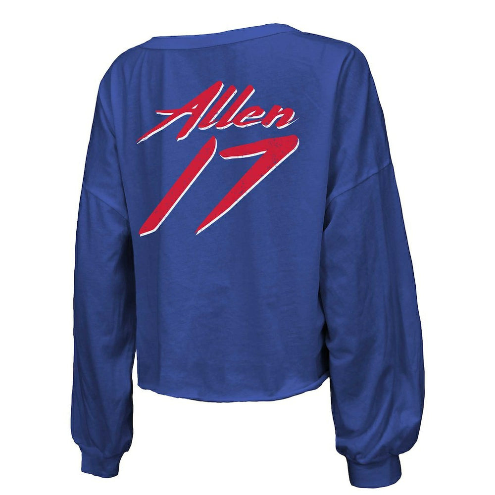 Buffalo Bills  Josh Allen  Majestic Threads Women's Name & Number Off-Shoulder Script Cropped Long Sleeve Relaxed V-Neck T-Shirt