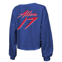 Buffalo Bills  Josh Allen  Majestic Threads Women's Name & Number Off-Shoulder Script Cropped Long Sleeve Relaxed V-Neck T-Shirt