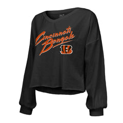 Cincinnati Bengals  Joe Burrow  Majestic Threads Women's Name & Number Off-Shoulder Script Cropped Long Sleeve Relaxed V-Neck T-Shirt