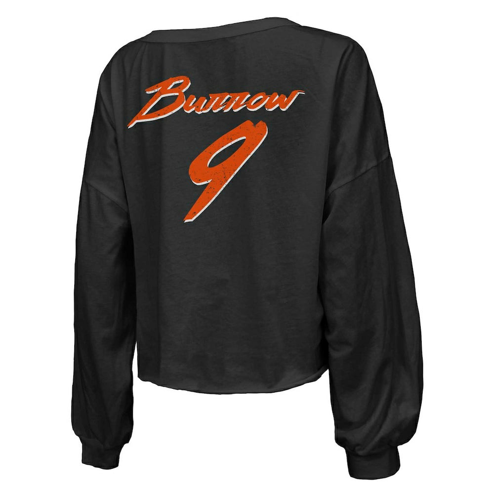 Cincinnati Bengals  Joe Burrow  Majestic Threads Women's Name & Number Off-Shoulder Script Cropped Long Sleeve Relaxed V-Neck T-Shirt