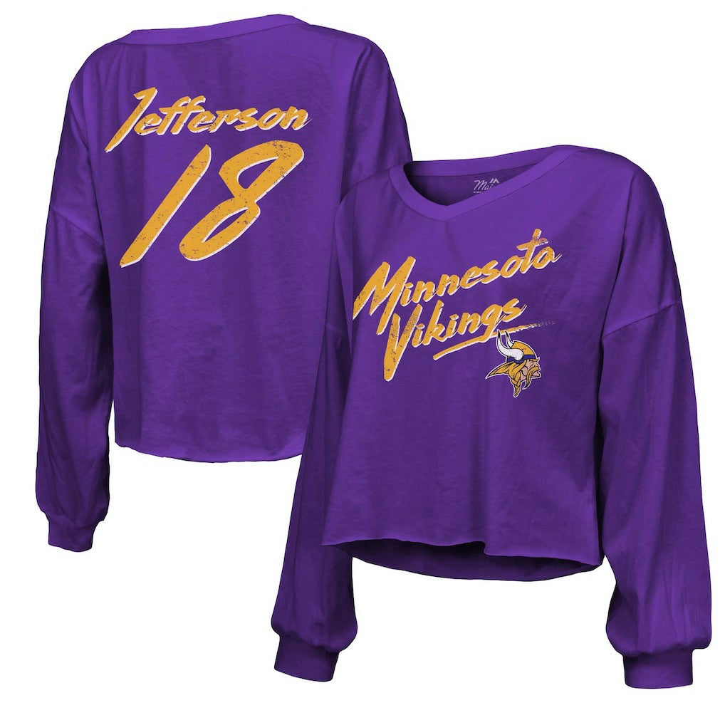 Minnesota Vikings  Justin Jefferson  Majestic Threads Women's Name & Number Off-Shoulder Script Cropped Long Sleeve V-Neck T-Shirt