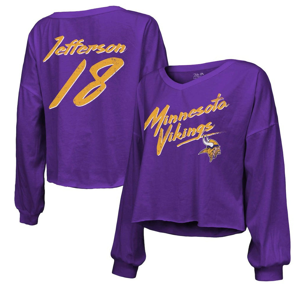 Minnesota Vikings  Justin Jefferson  Majestic Threads Women's Name & Number Off-Shoulder Script Cropped Long Sleeve V-Neck T-Shirt