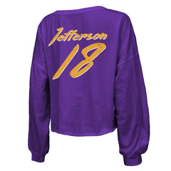 Minnesota Vikings  Justin Jefferson  Majestic Threads Women's Name & Number Off-Shoulder Script Cropped Long Sleeve V-Neck T-Shirt