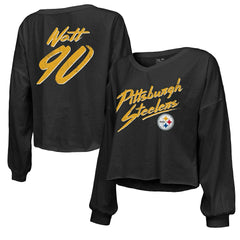 Pittsburgh Steelers  T.J. Watt  Majestic Threads Women's Name & Number Off-Shoulder Script Cropped Long Sleeve Relaxed V-Neck T-Shirt