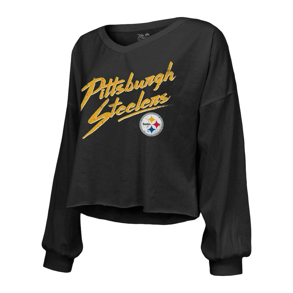 Pittsburgh Steelers  T.J. Watt  Majestic Threads Women's Name & Number Off-Shoulder Script Cropped Long Sleeve Relaxed V-Neck T-Shirt