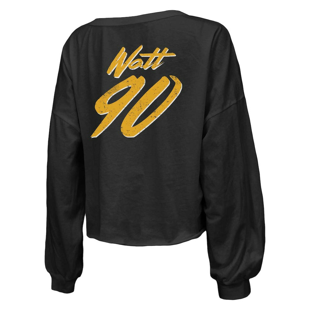 Pittsburgh Steelers  T.J. Watt  Majestic Threads Women's Name & Number Off-Shoulder Script Cropped Long Sleeve Relaxed V-Neck T-Shirt