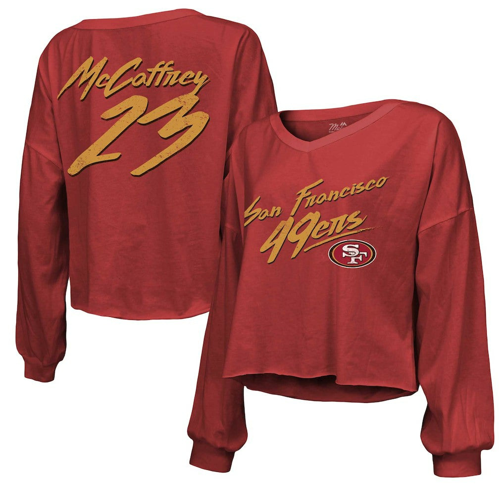 San Francisco 49ers  Christian McCaffrey  Majestic Threads Women's Name & Number Off-Shoulder Script Cropped Long Sleeve V-Neck T-Shirt