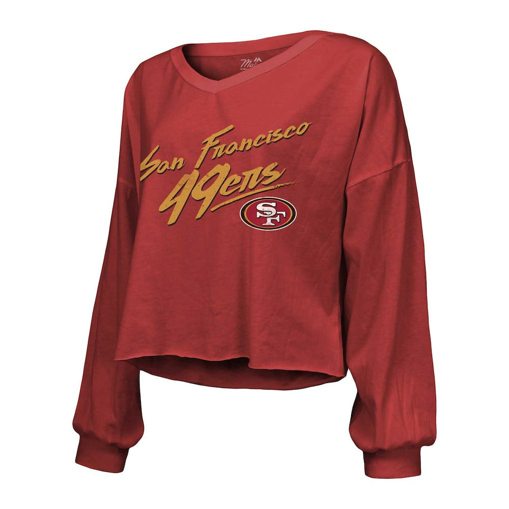 San Francisco 49ers  Christian McCaffrey  Majestic Threads Women's Name & Number Off-Shoulder Script Cropped Long Sleeve V-Neck T-Shirt